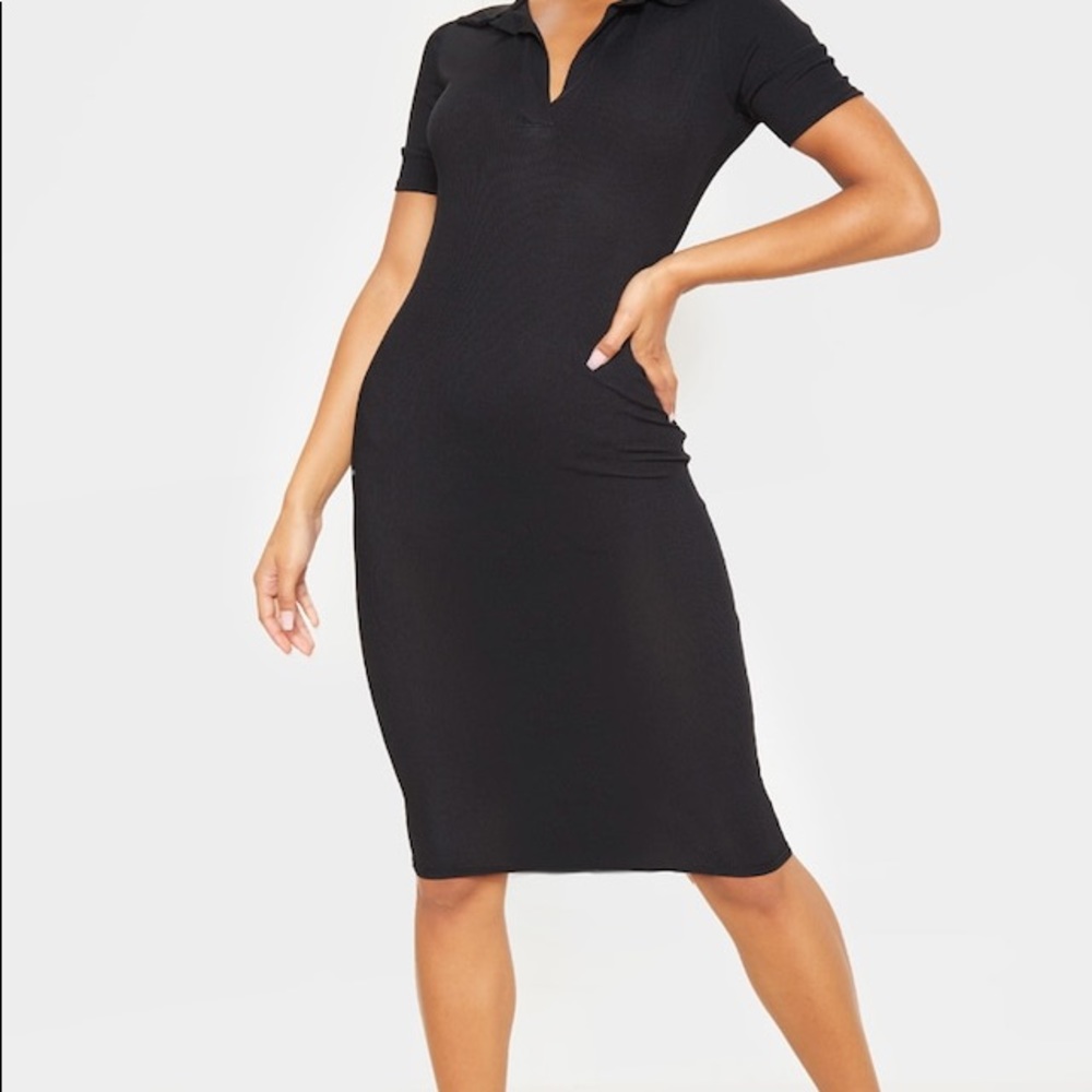 Black Ribbed Midi Polo Dress